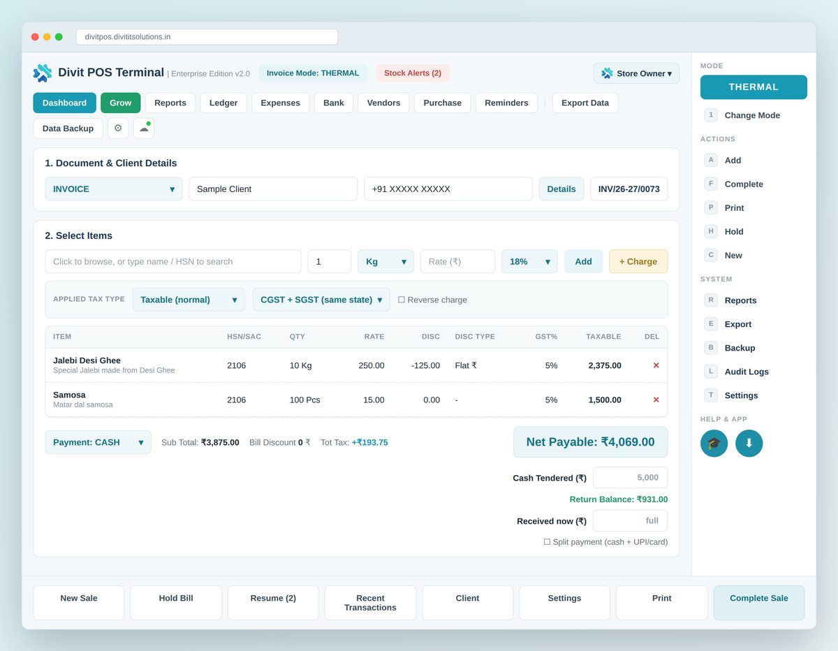 Divit billing terminal showing a GST invoice with items, tax and net payable for an Indian business