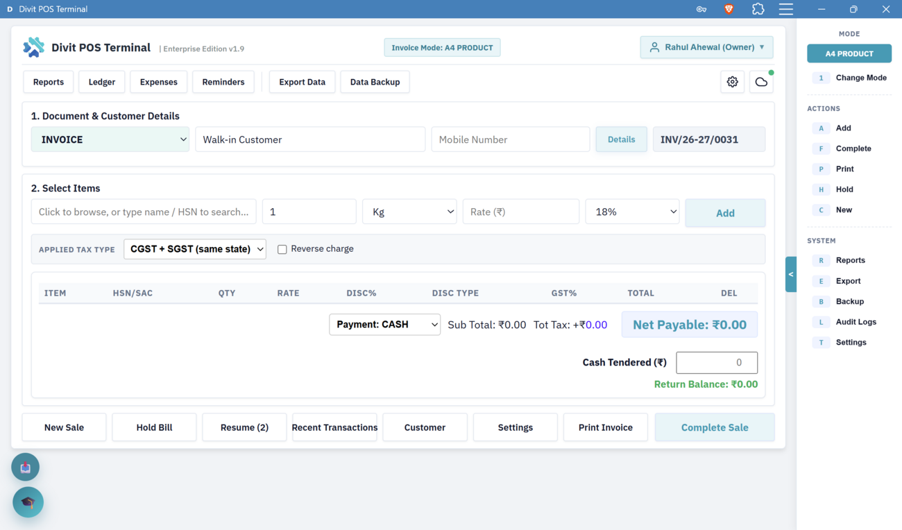 Divit POS dashboard