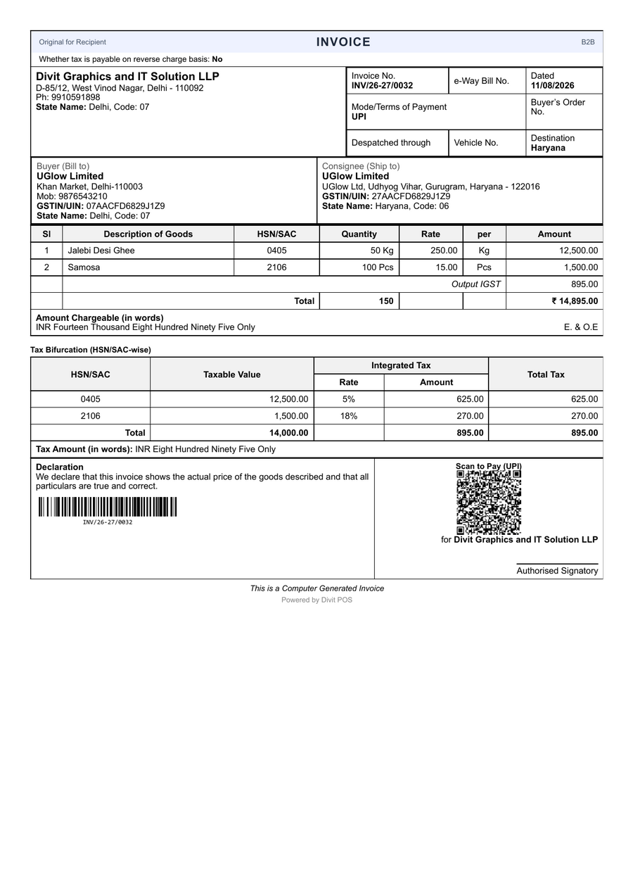 Sample Divit POS GST invoice