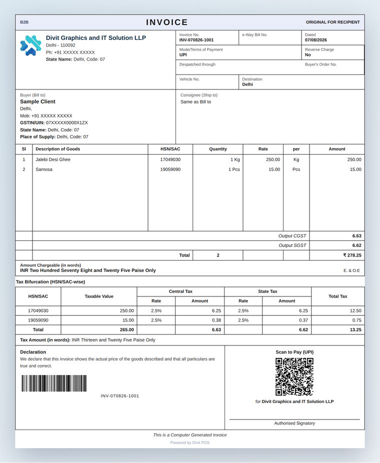 Divit A4 GST tax invoice with HSN-wise tax bifurcation and UPI QR