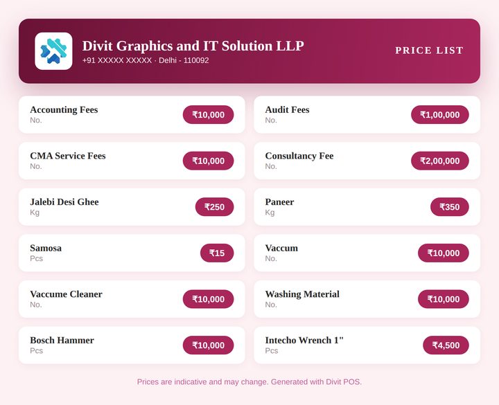 Divit branded price list generated from products